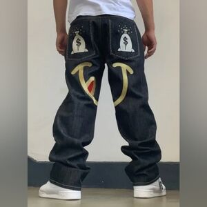 Men's Parish Raw Black Money Bag Wide Leg Denim Pants NWT